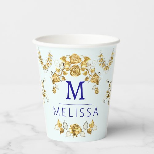 Chic Golden Flowers  blue butterflies monogrammed Paper Cups