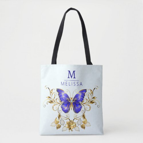 Chic Golden Flowers  blue butterflies monogrammed Tote Bag