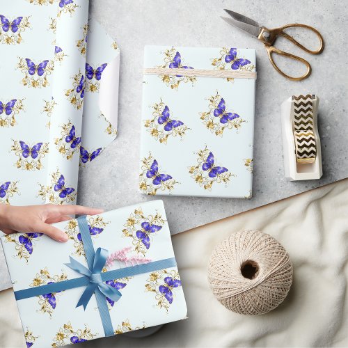 Chic Golden Flowers  blue butterflies monogrammed Wrapping Paper