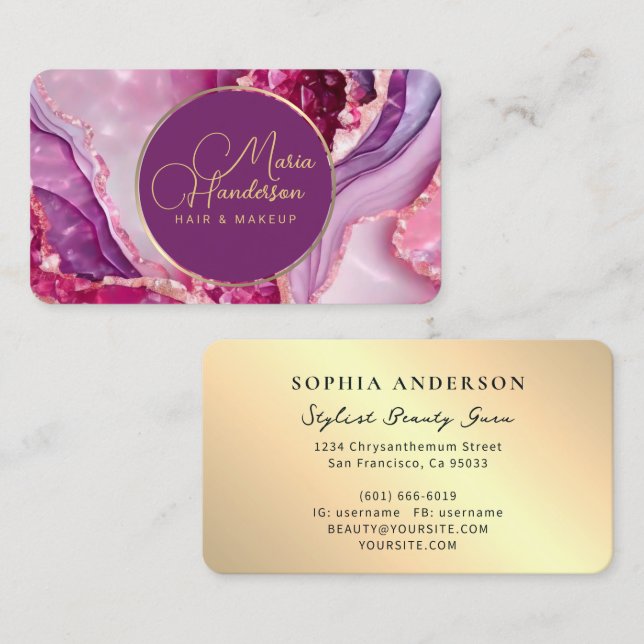 Chic Golden Logo Sparkly & Purple Agate Glitter Business Card (Front/Back)