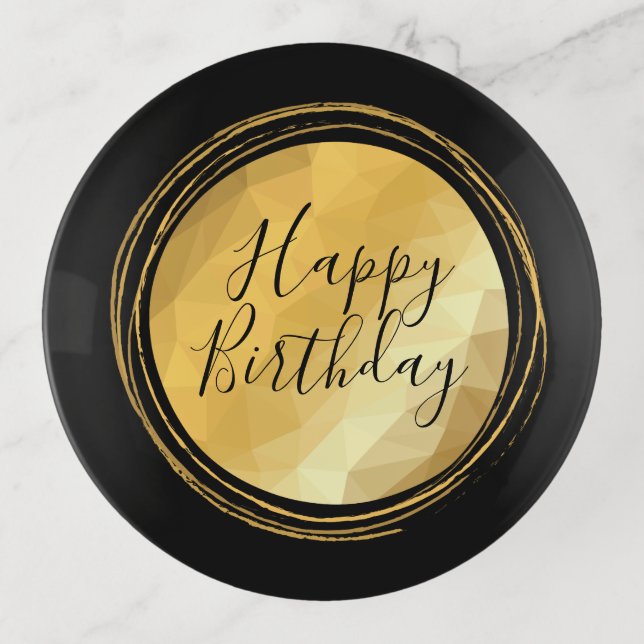 Chic golden polygonal happy birthday party trinket tray (Front)