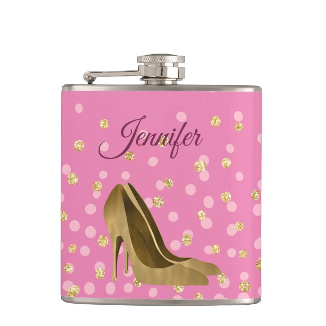 Chic Golden Stilettos Pink   Flask (Front)