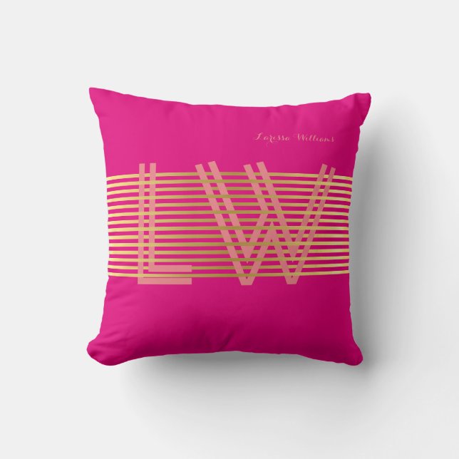 chic golden stripes personalized monogram hot pink throw pillow (Front)