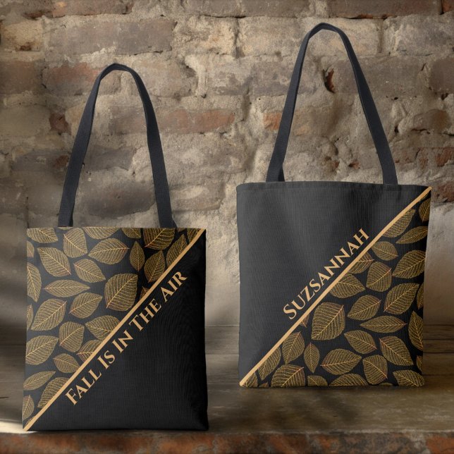 Chic Golden Yellow Leaf Pattern on a Diagonal  Tote Bag (both sides of a template designed tote bag)