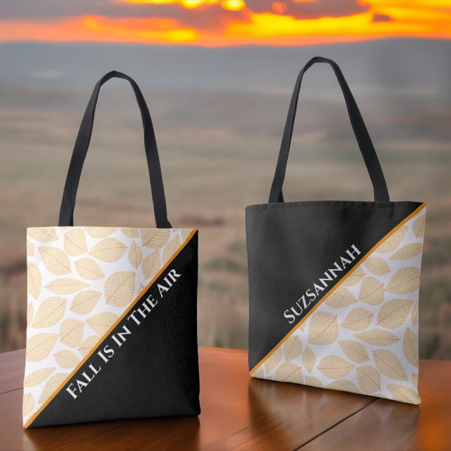 Chic Golden Yellow Leaf Pattern on a Diagonal  Tote Bag (front and back of template test tote)