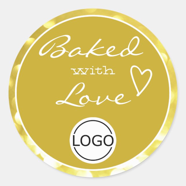 Chic Golden Yellow Orbs Frame Baked with Love Logo Classic Round Sticker (Front)