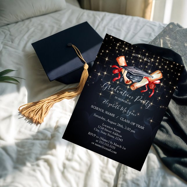 Chic Grad Cap Diploma,Stars  Graduation Invitation (Creator Uploaded)