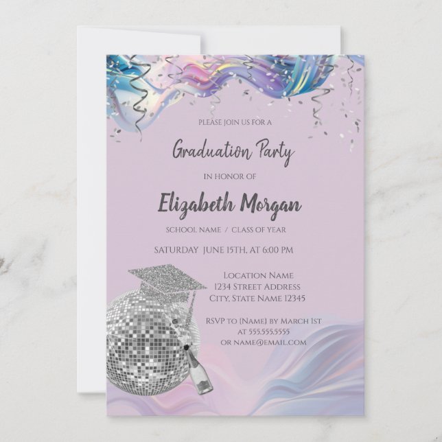 Chic Grad Cap,Disco Ball,Wine Violet Abstract Invitation (Front)