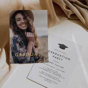 Chic Grad Cap Gold Foil Photo Graduation Party Invitation