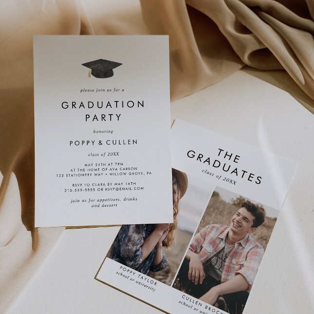 Chic Grad Cap Photo Double Graduation Party Invitation (Creator Uploaded)