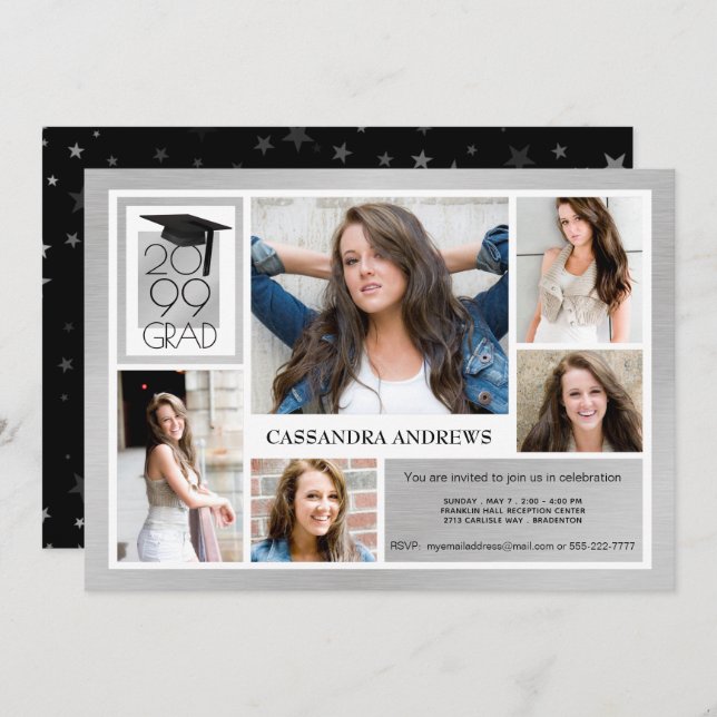 Chic GRAD Cap & Year | Brushed Silver | 5-Photo Invitation (Front/Back)
