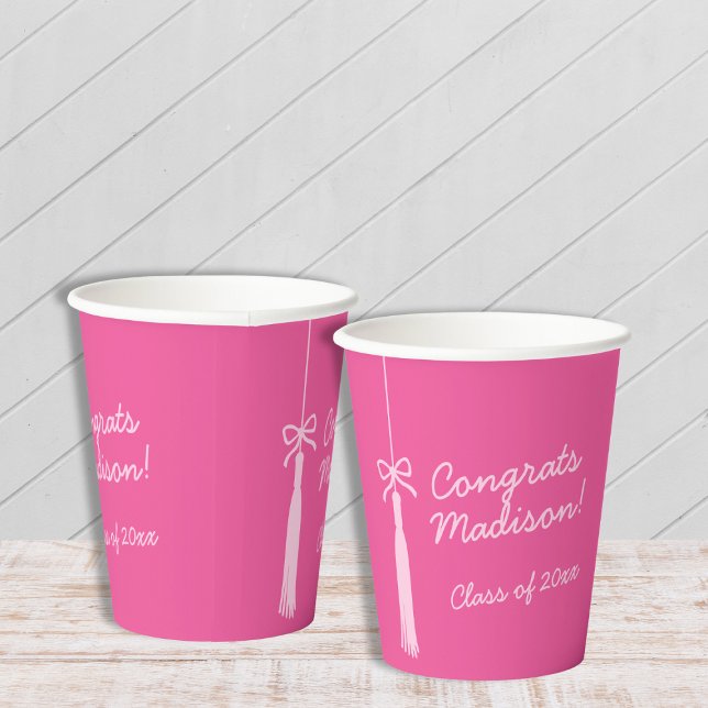 Chic Grad Tassel Bow Pink 2026 Graduation Paper Cups (Chic Grad Tassel Bow Pink 2025 Graduation Paper Cups)