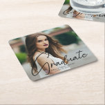 Chic Graduate Photo 2026 Graduation Party Square Paper Coaster<br><div class="desc">This chic graduation party paper coaster features sophisticated handwritten black script over a trendy full photo of your graduate. Customize this modern grad decor with your grad year and name.</div>