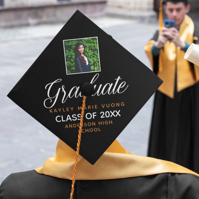 Chic Graduate Photo Black Gold Custom School Graduation Cap Topper (Creator Uploaded)