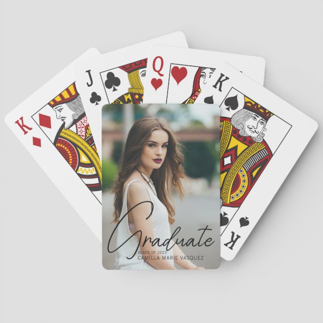 Chic Graduate Photo Black Script 2026 Graduation Poker Cards (Back)
