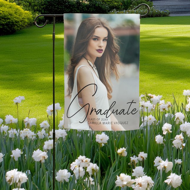 Chic Graduate Photo Black Script Graduation Garden Flag (Creator Uploaded)