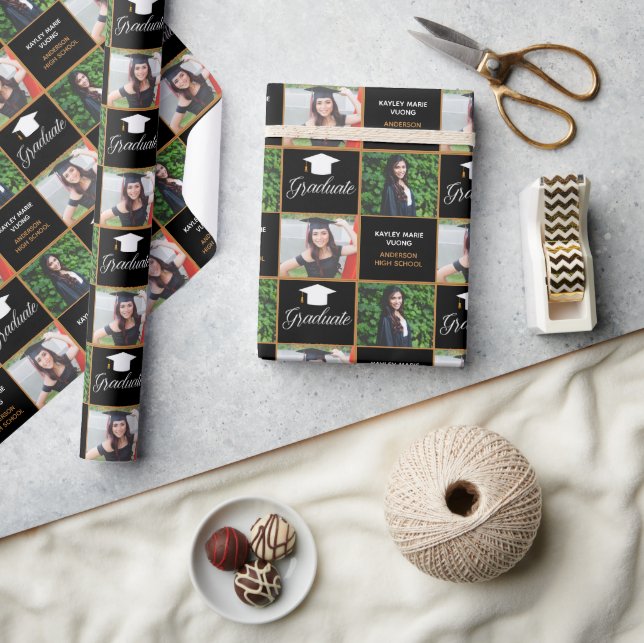 Chic Graduate Photo Custom Black Gold Graduation Wrapping Paper (Crafts)
