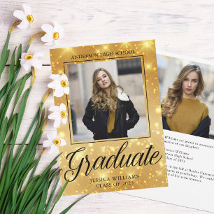 Chic Graduate Photo Gold Sparkle 2025 Graduation Announcement