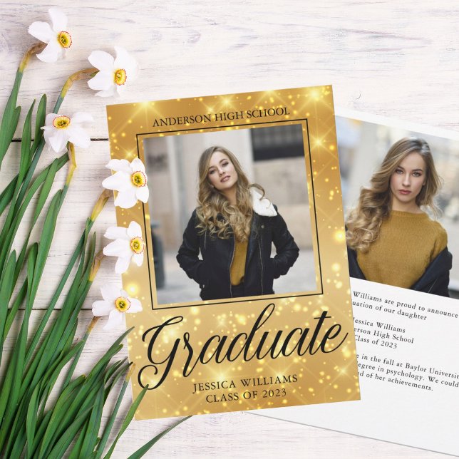 Chic Graduate Photo Gold Sparkle 2025 Graduation Announcement (Creator Uploaded)