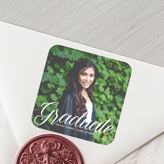 Chic Graduate Photo White Script 2025 Graduation Square Sticker (Creator Uploaded)