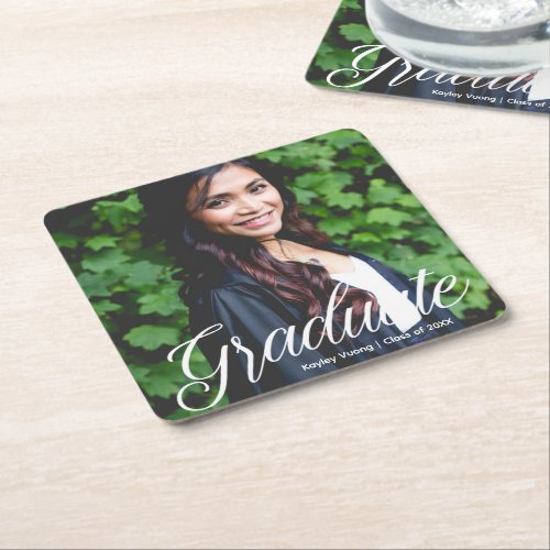 Chic Graduate Photo White Typography 2024 Party Square Paper Coaster