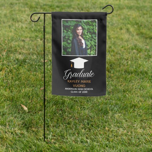 Chic Graduate Senior Photo Graduation Black Modern Garden Flag