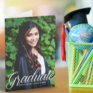 Chic Graduate White Script Overlay Photo Folded Announcement