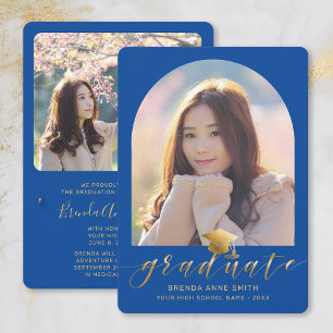 Chic Graduation 2 Photo Gold Cap Script on Blue Announcement