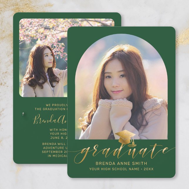 Chic Graduation 2 Photo Gold Cap Script on Green Announcement (Green and Gold Script with Two Photos Arch Frame Graduation Announcement)