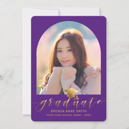 Chic Graduation 2 Photo Gold Cap Script on Purple Announcement