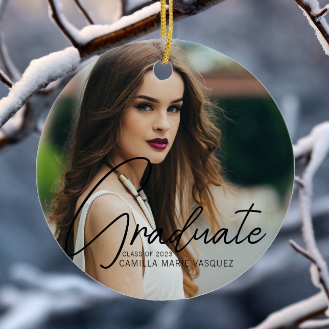 Chic Graduation 2 Photo Script Overlay Christmas Ceramic Ornament (Creator Uploaded)