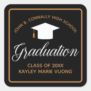 Chic Graduation Black Gold Custom Graduate Square Sticker