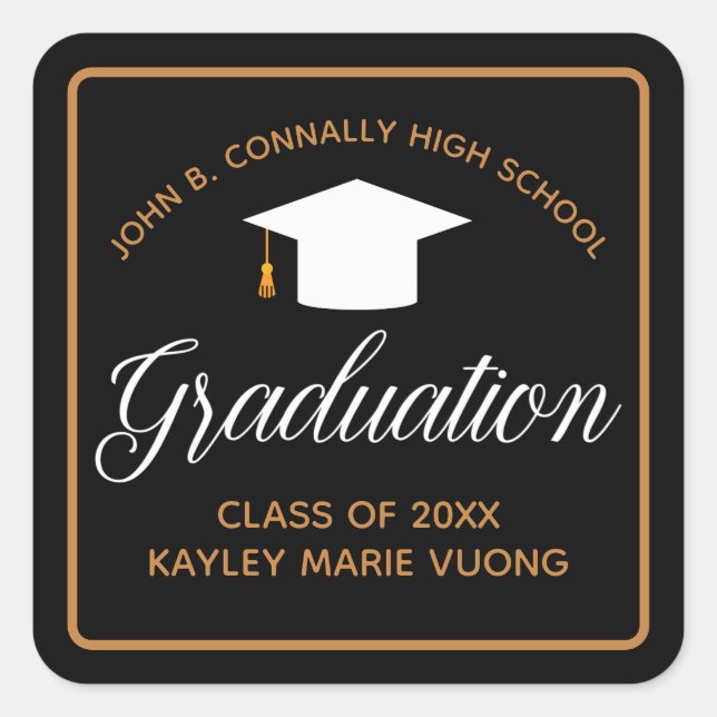 Chic Graduation Black Gold Custom Graduate Square Sticker (Front)