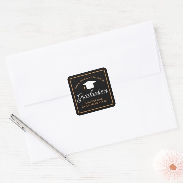 Chic Graduation Black Gold Custom Graduate Square Sticker (Envelope)