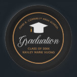 Chic Graduation Black Gold Customizable Party Paper Plates<br><div class="desc">This chic black and gold custom senior graduation paper plate features classy white typography under a high school or college name for the class of 2026. Customize with your graduating year under the elegant calligraphy for great personalized graduate party decor.</div>