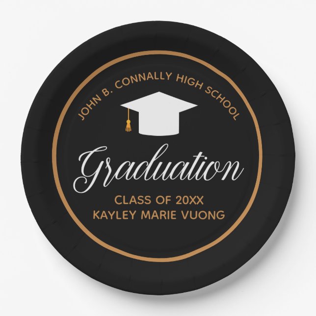 Chic Graduation Black Gold Customizable Party Paper Plates (Front)