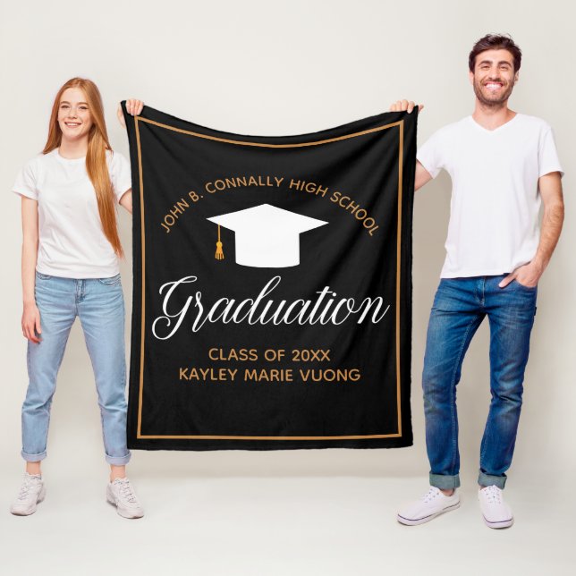 Chic Graduation Black Gold Personalized 2024 Gift Fleece Blanket (In Situ)