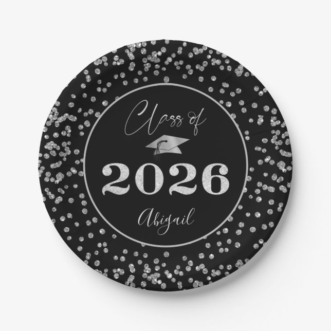 Chic Graduation Black Silver Glitter CLASS OF 2023 Paper Plates (Front)