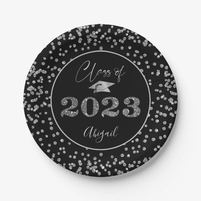 Chic Graduation Black Silver Glitter CLASS OF 2023 Paper Plates (Front)
