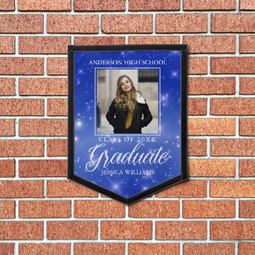 Chic Graduation Blue Sparkle 2024 Graduate Photo Pennant