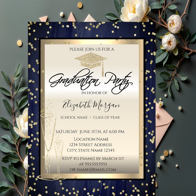 Chic Graduation Cap,Glass Diamonds Blue Graduation Invitation (Creator Uploaded)