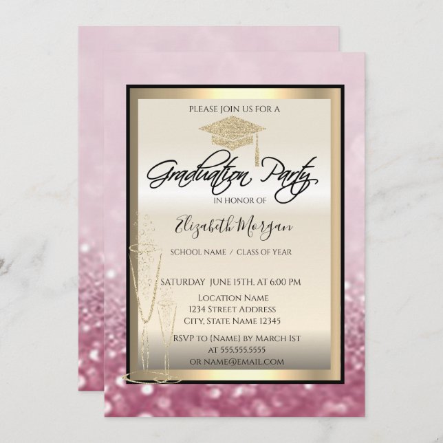 Chic Graduation Cap,Glass Glitter Bokeh Graduation Invitation (Front/Back)