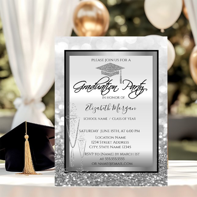 Chic Graduation Cap,Glass Silver Bokeh Graduation Invitation (Creator Uploaded)