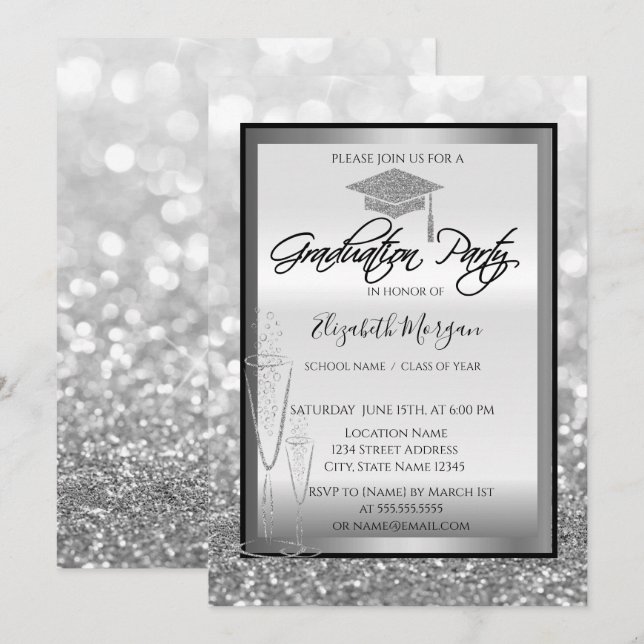 Chic Graduation Cap,Glass Silver Bokeh Graduation Invitation (Front/Back)
