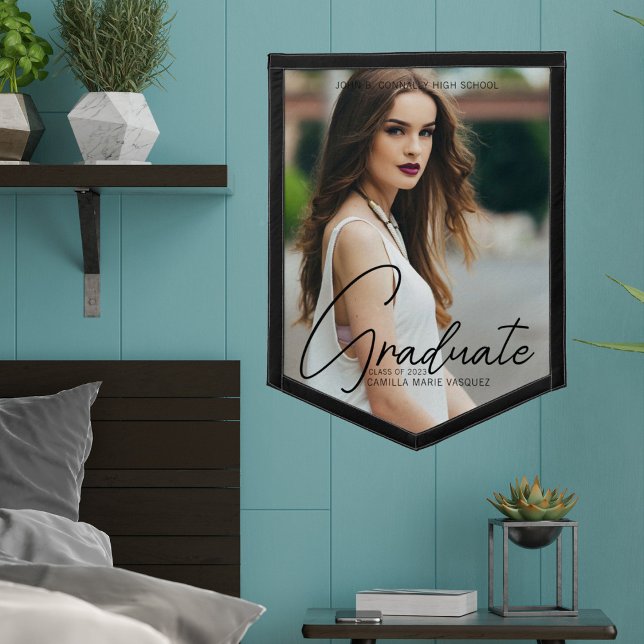 Chic Graduation Handwritten Black Script Photo Pennant (Creator Uploaded)