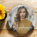 Chic Graduation Party Photo with White Script Paper Plates<br><div class="desc">Graduate is written in simple white script over your senior portrait photo for a modern graduation party paper plate. Customize with your name and class of 2023 under the cursive typography on this contemporary,  minimalist graduate party decor.</div>