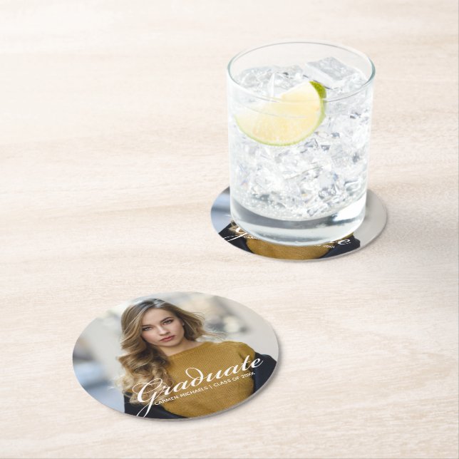 Chic Graduation Party Photo with White Script Round Paper Coaster (Insitu)