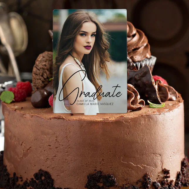 Chic Graduation Party Trendy Script Overlay Photo Cake Topper | Zazzle