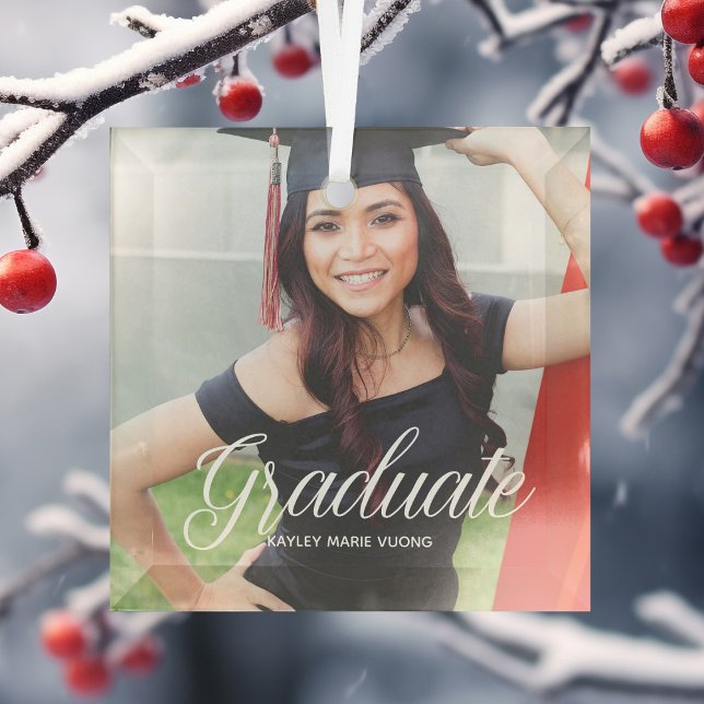 Chic Graduation Photo 2024 Graduate Christmas Glass Ornament (Creator Uploaded)