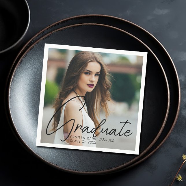 Chic Graduation Photo Black Script Overlay Party Napkins (Creator Uploaded)